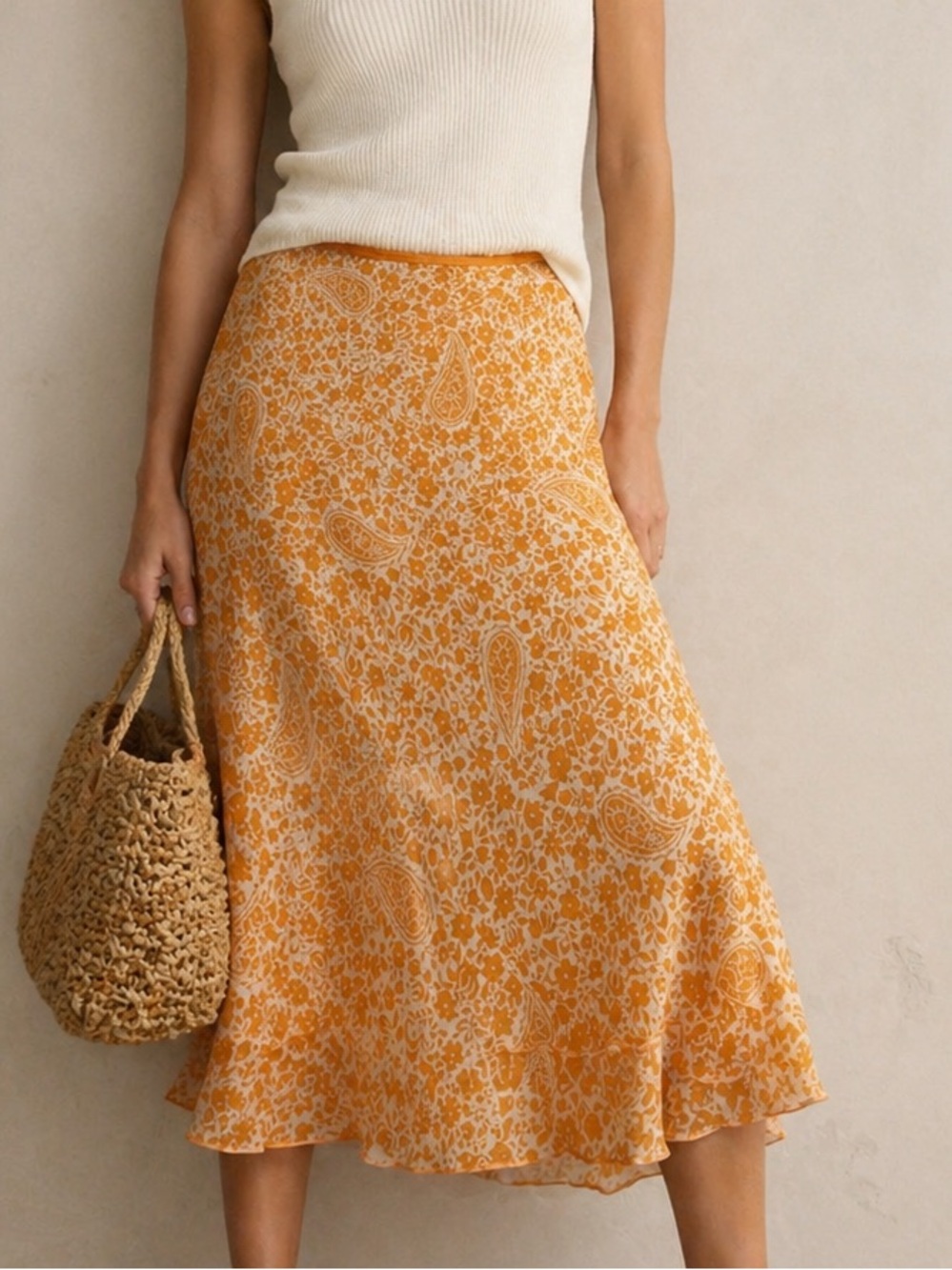 Ann Taylor Paisley Floral Orange Midi Skirt Size 6 Silk Blend